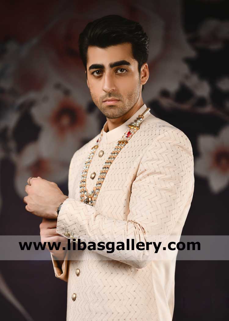 Light shade Men Embroidered indo western style Short length Wedding Jacket