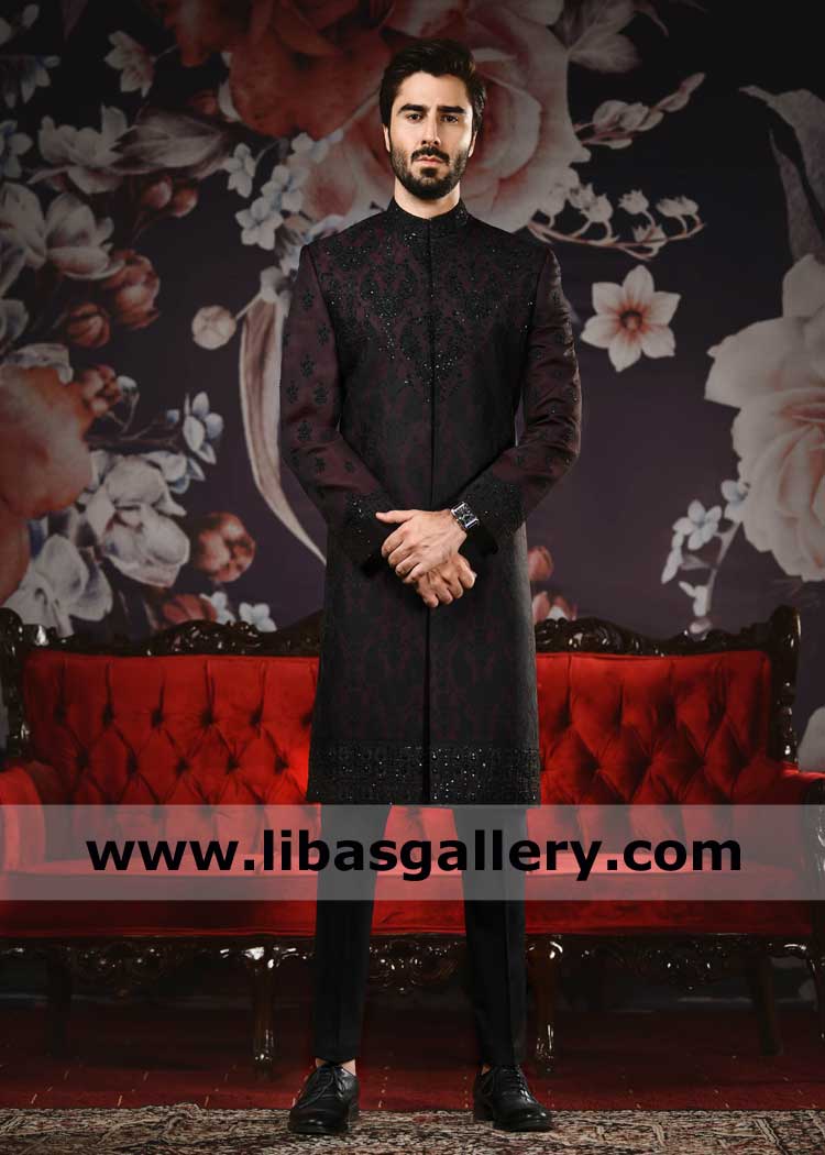Maroon Black Awesome Embroidered Men Wedding Sherwani Ensemble