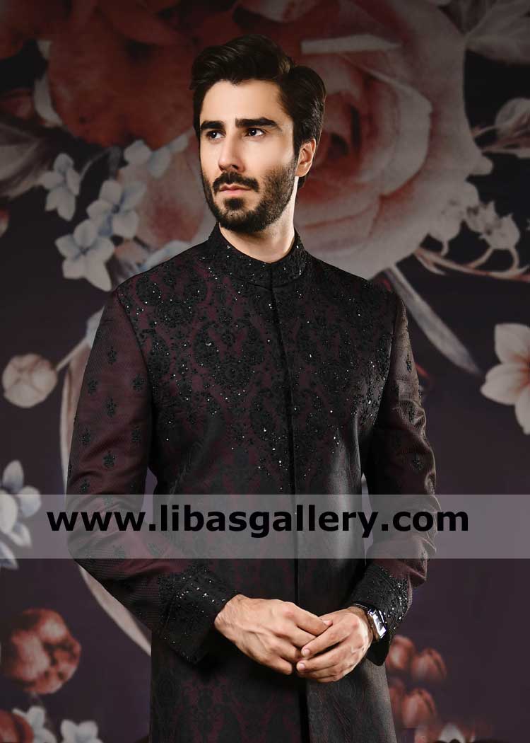 Maroon Black Awesome Embroidered Men Wedding Sherwani Ensemble