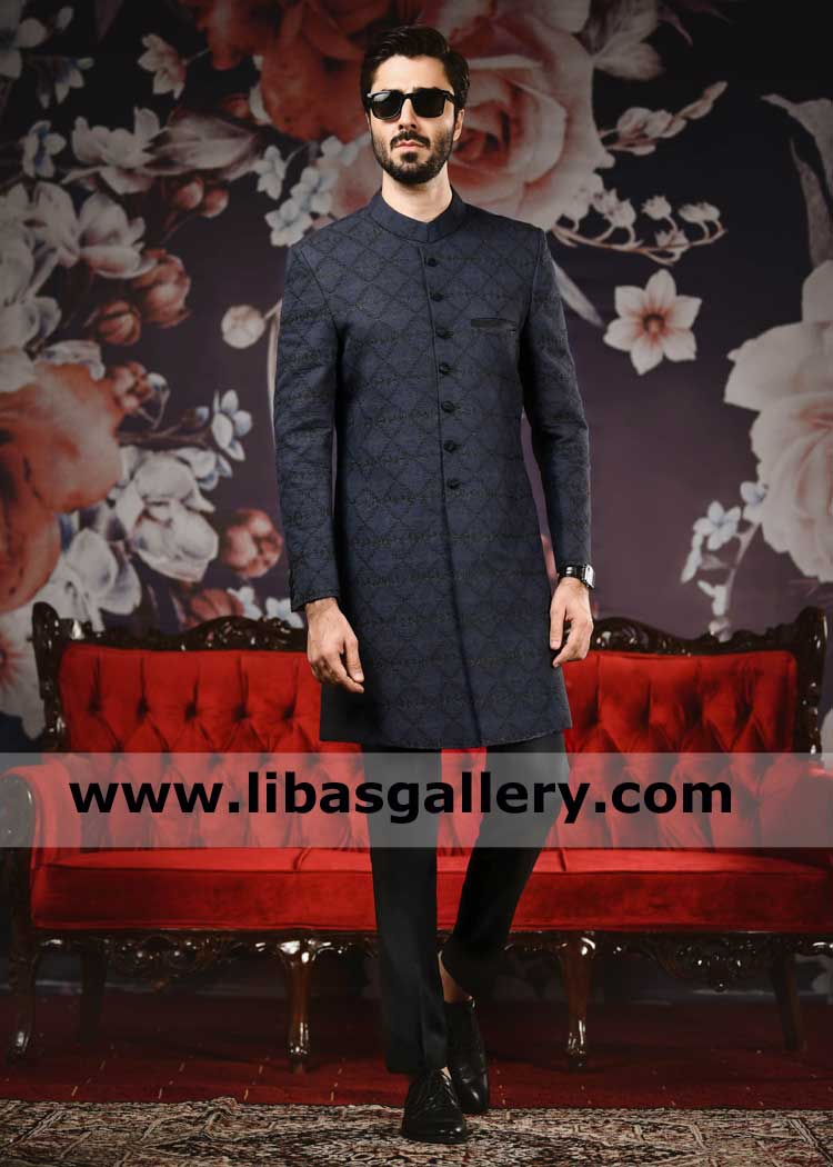 Geometrical Pattern Men Embroidered Jet Black Sherwani Suit