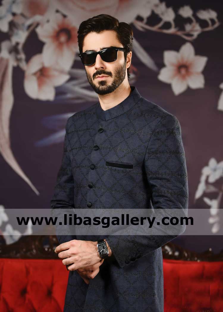 Geometrical Pattern Men Embroidered Jet Black Sherwani Suit