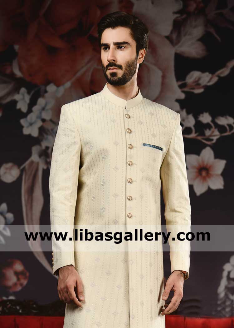 Beige Blended Fabric Men Wedding Sherwani Article