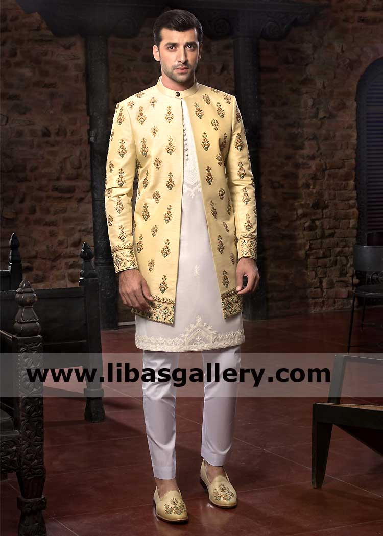 Pastel lemon Dazzling Pattern Hand Block Print Sherwani Article