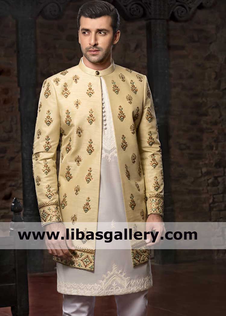 Pastel lemon Dazzling Pattern Hand Block Print Sherwani Article