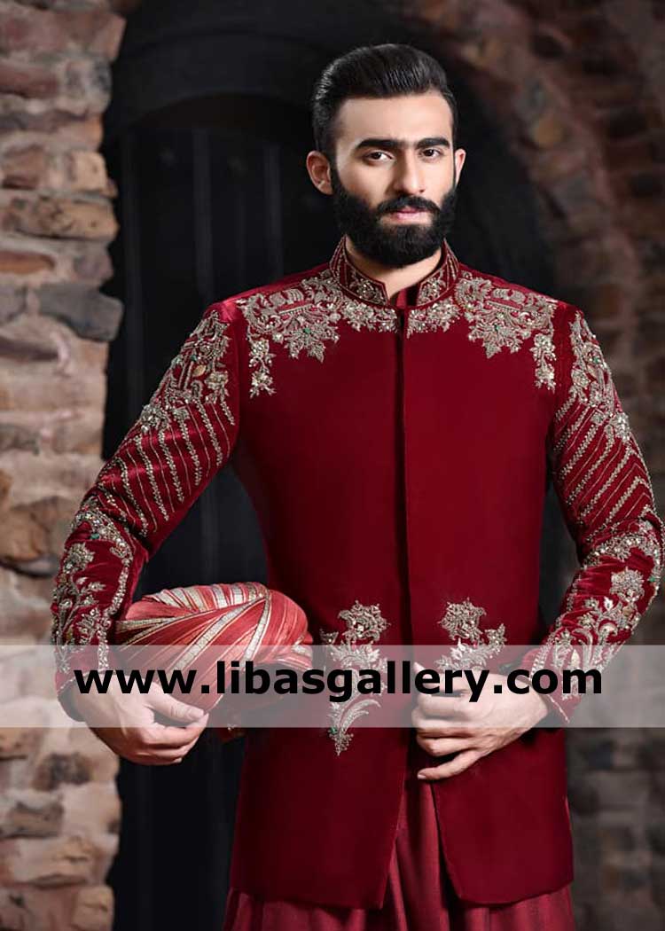 Short length indo western style Vibrant Maroon Men Wedding Jacket