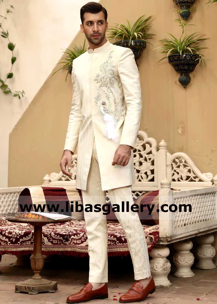 Men Cream Embellished Short length Nikah Jacket