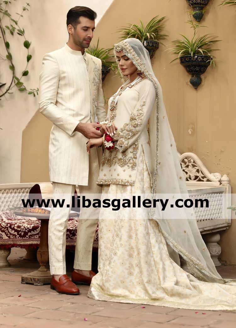 Men Cream Embellished Short length Nikah Jacket