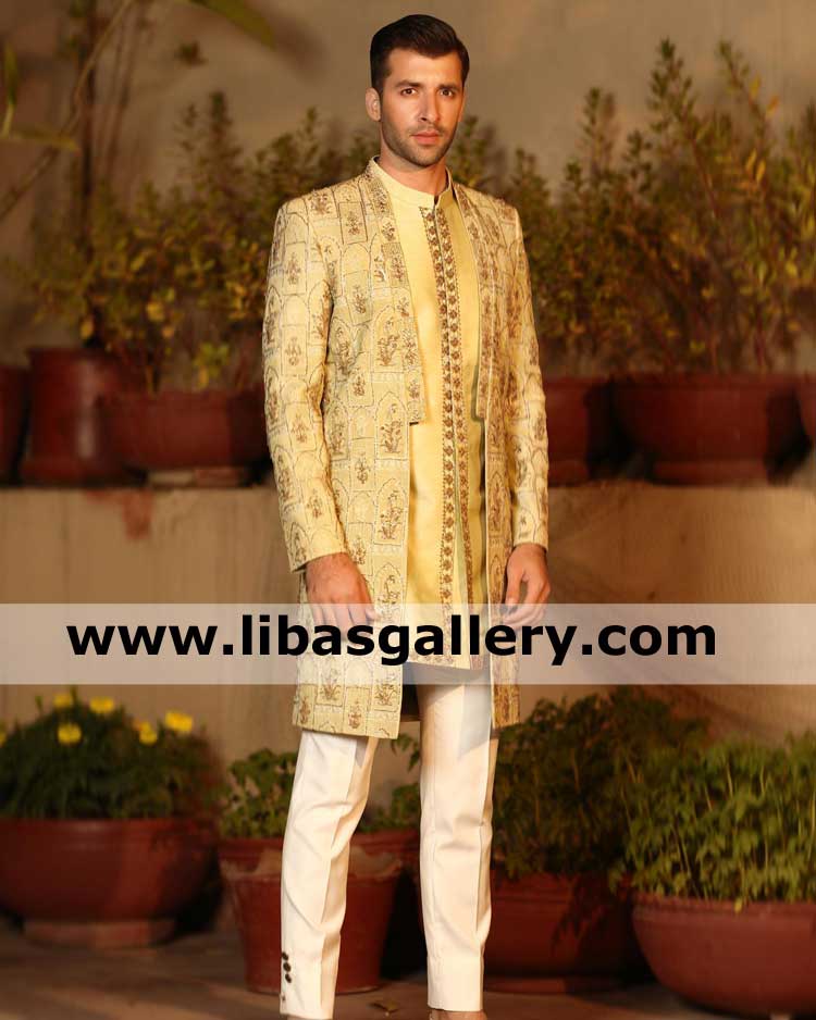 Men Pistachio Green Front Open Sherwani with delicate embellished lapel