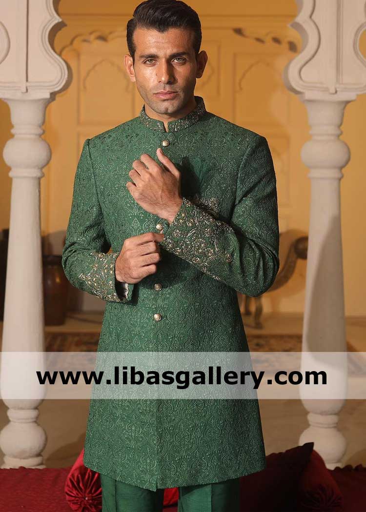Regal Emerald Green Nehru Style Jacket for Men Engagement and Walima