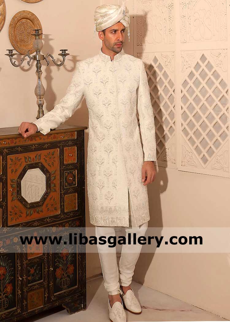 white Mid thigh Short length Embellished Groom Sherwani