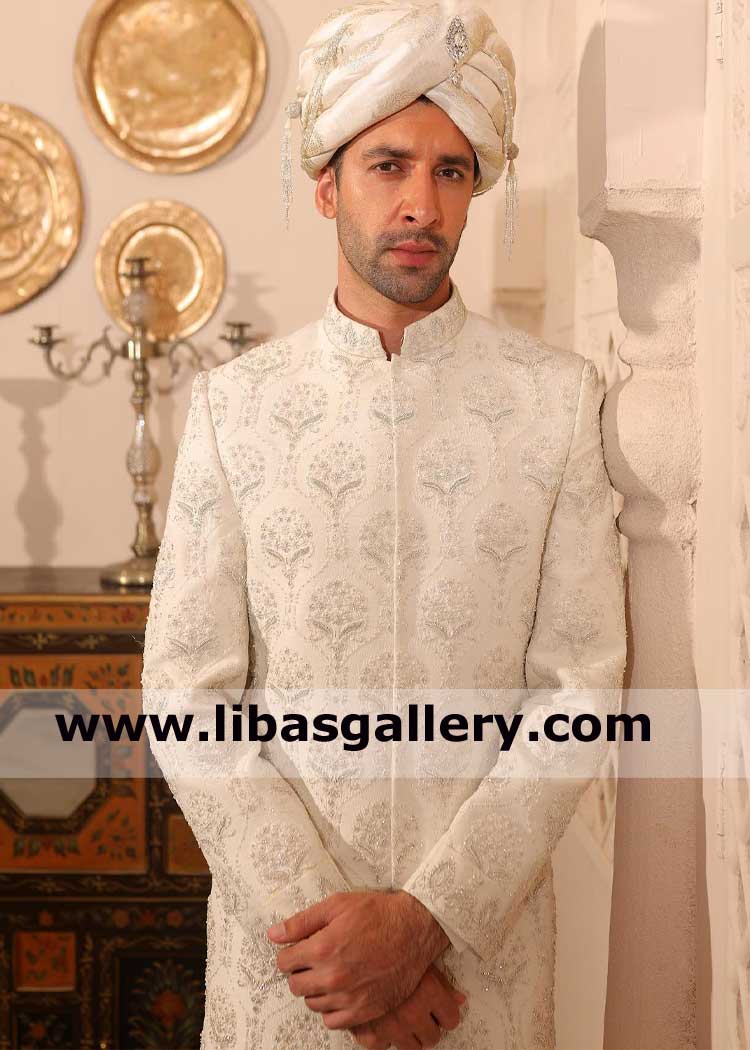 white Mid thigh Short length Embellished Groom Sherwani