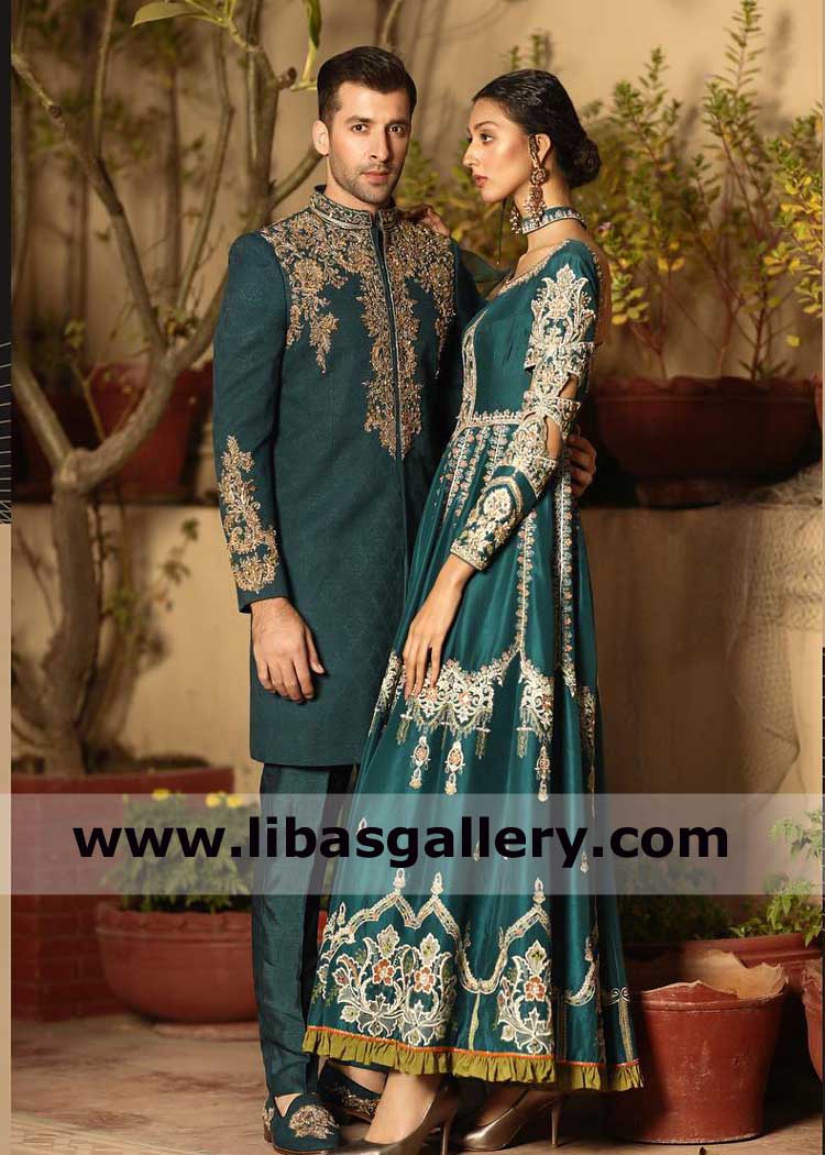 Dark Shade Wedding Attire latest collection Pakistani Men Short length Sherwani