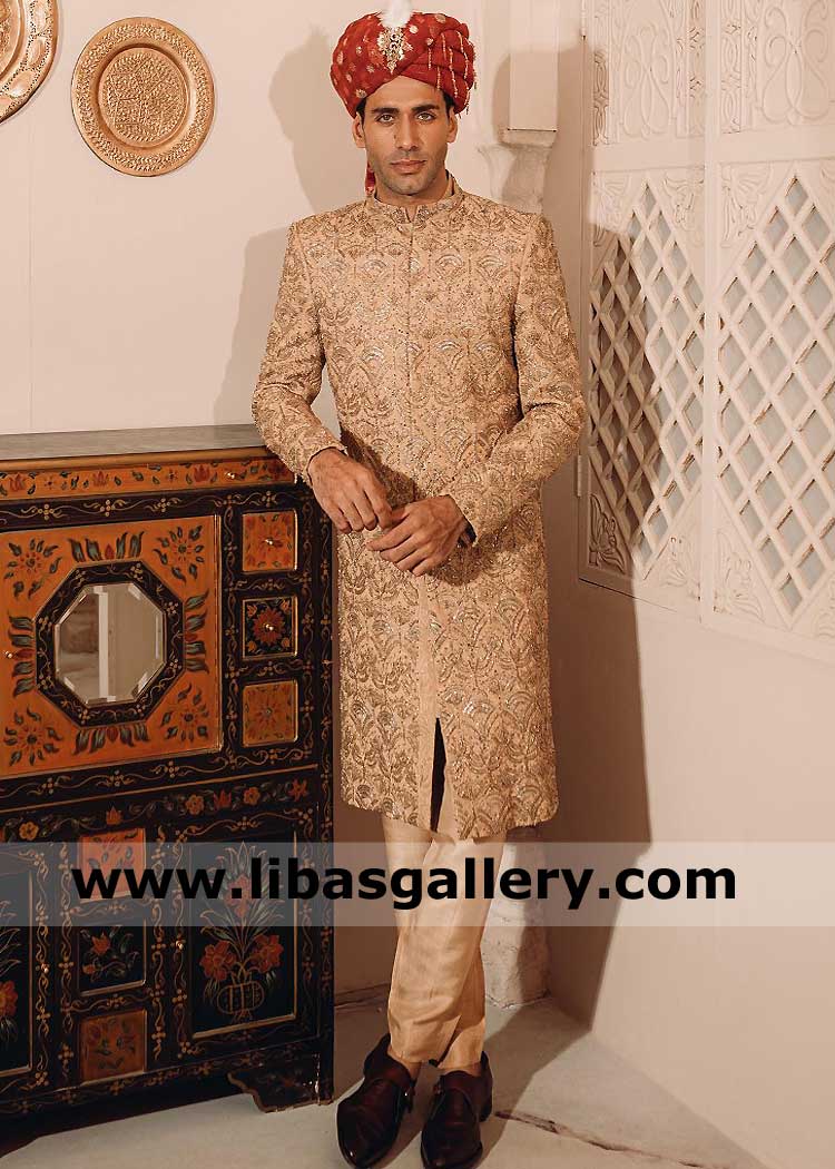 Royal Golden Beige Premium Quality Damask Embroidered Motifs Men Wedding Sherwani