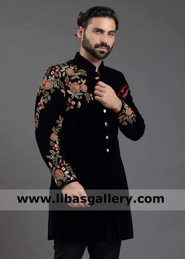 Men Black Velvet Wedding Sherwani with Multi Color Embroidery