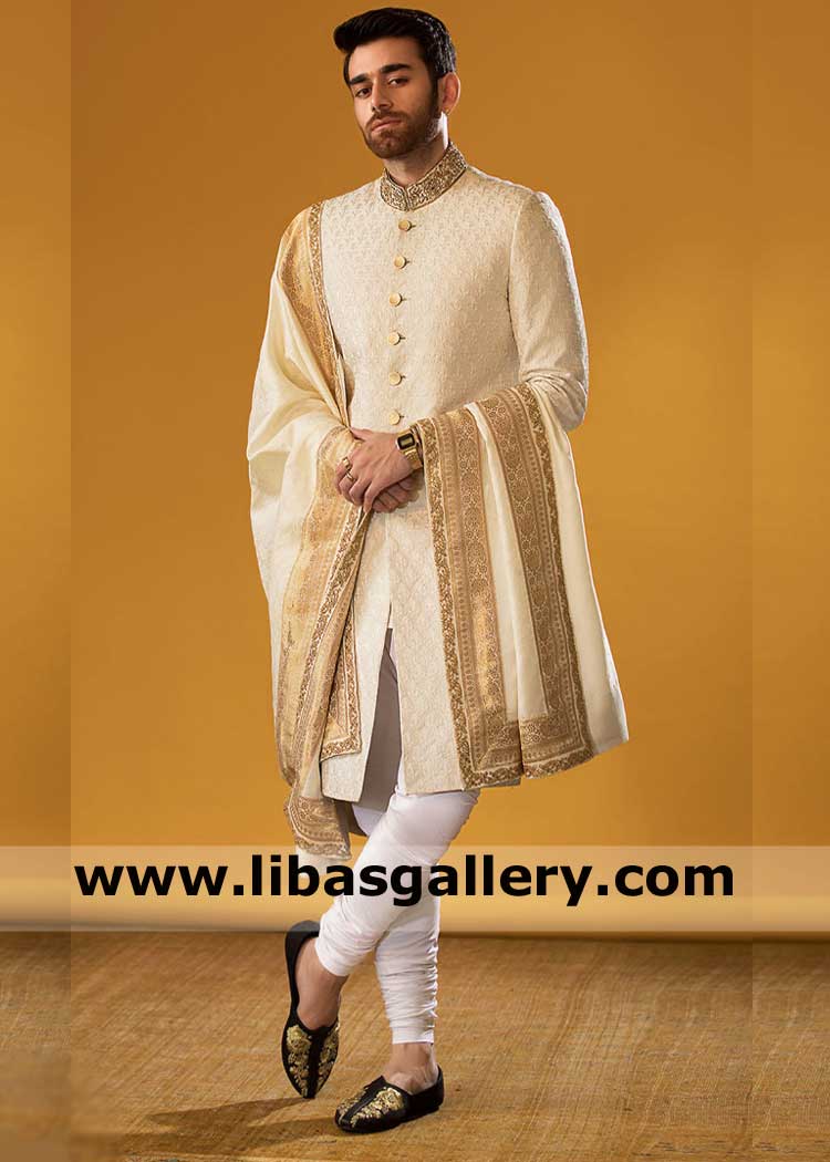 Elaborate Design Self Embroidered Men Off White Wedding Sherwani 
