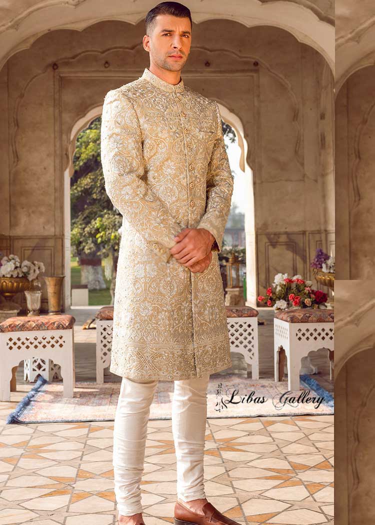 Men Sherwani Fawn Base with White thread Embroidery and Pearl Detail
