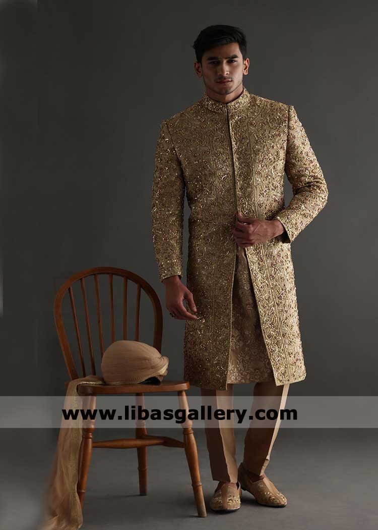 Men Sherwani Fawn Base with White thread Embroidery and Pearl Detail