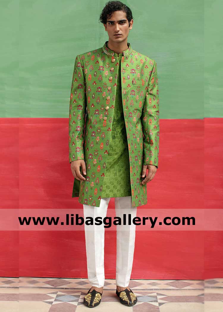 Green Open Style Men Sherwani with Mirror Detail Work