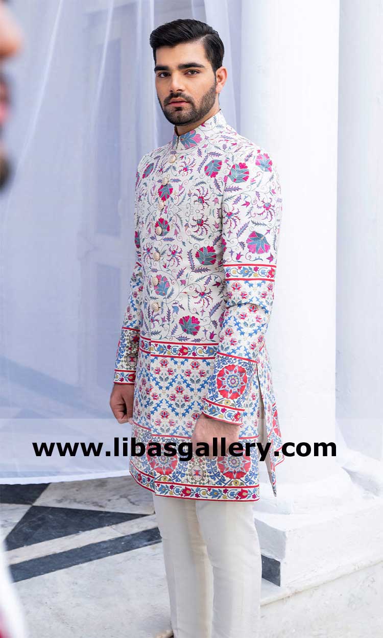 Men Short length Occasion sherwani Soft Pastels with Pops of Colors