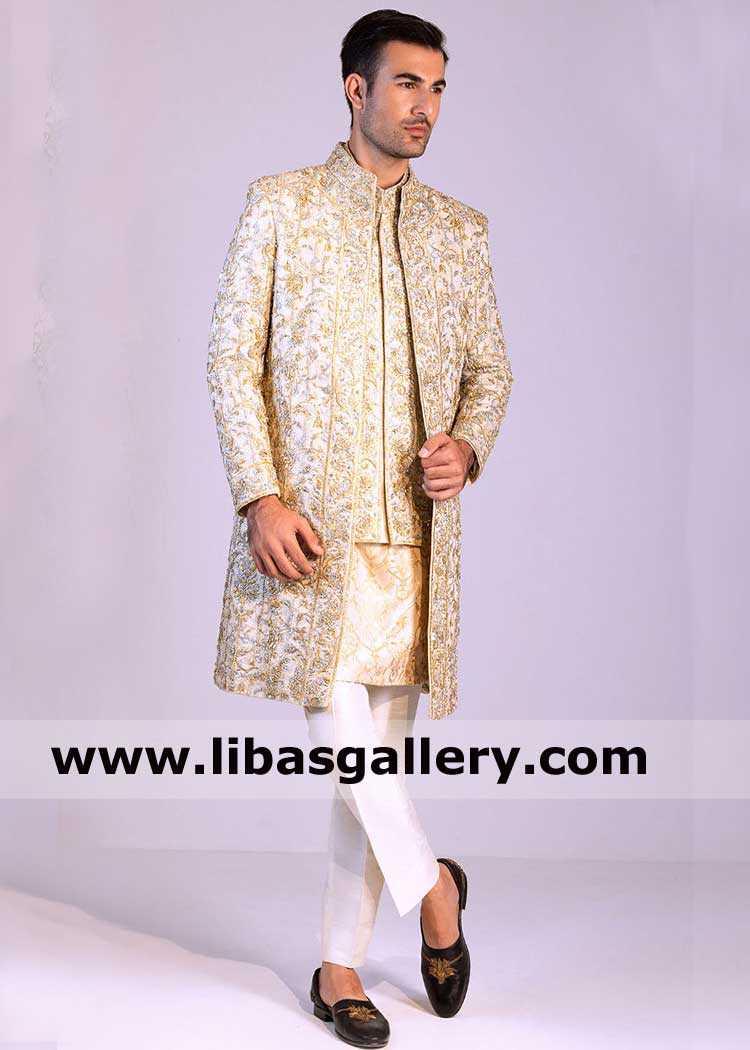 Grand Front Open Style Men Ivory Embellished Wedding Jacket