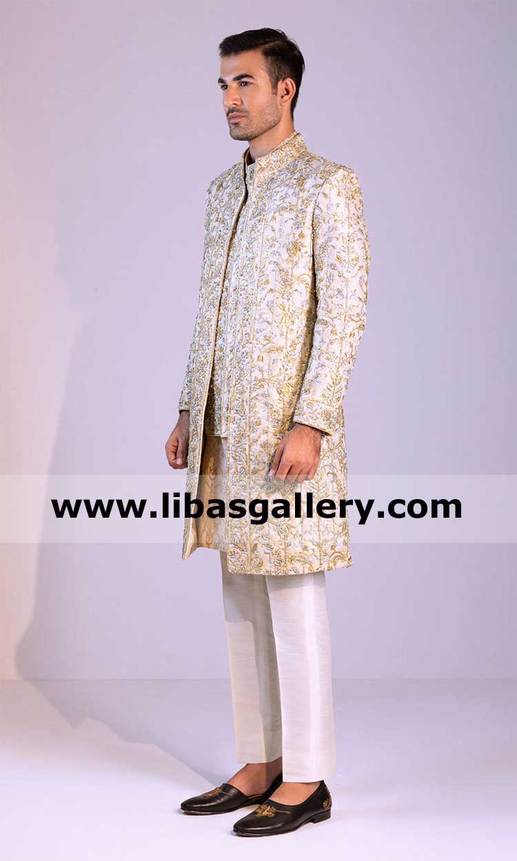 Grand Front Open Style Men Ivory Embellished Wedding Jacket