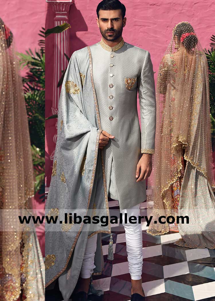 Unique Gray Silver Self Embossed Base gold handcrafted collar Men Sherwani