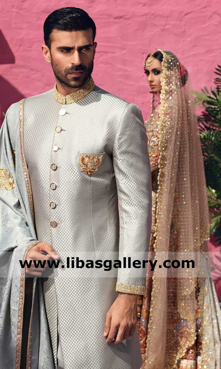 Unique Gray Silver Self Embossed Base gold handcrafted collar Men Sherwani