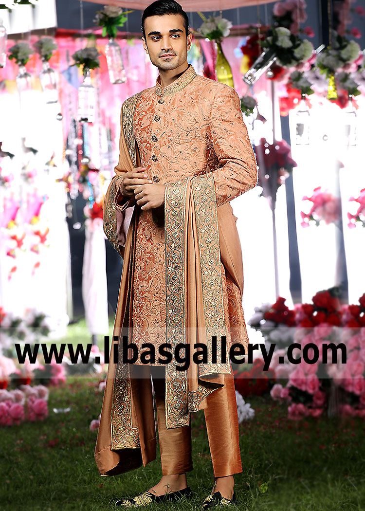 Burnt Sienna Men Heavy Embroidered Smart Style Wedding Sherwani