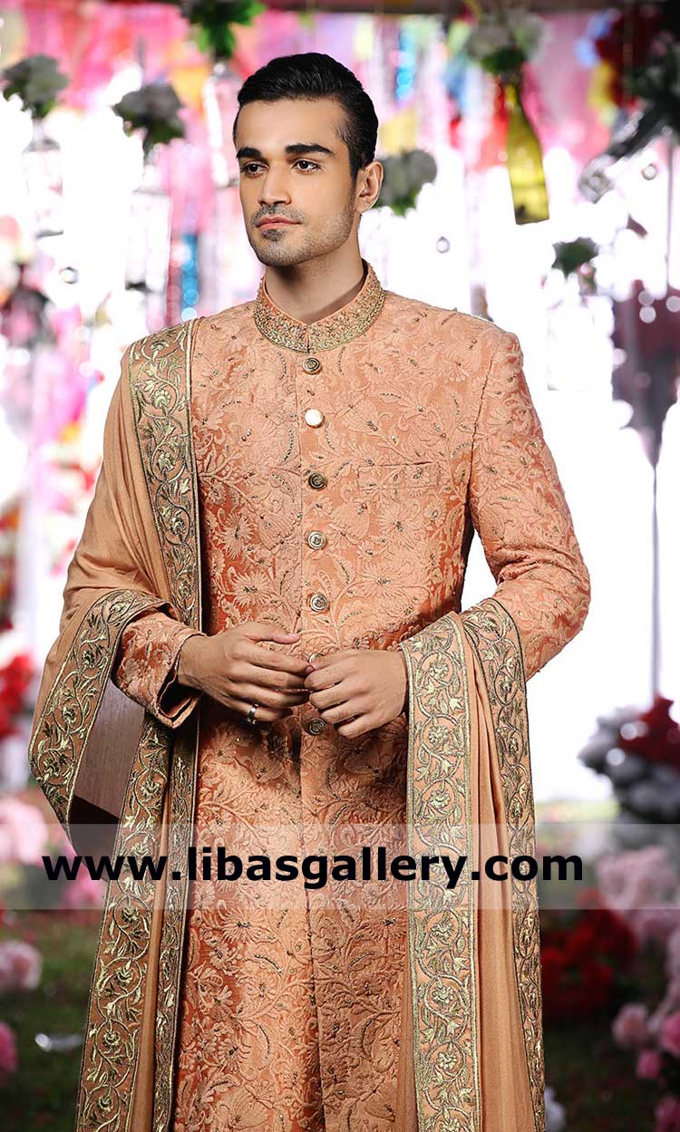 Burnt Sienna Men Heavy Embroidered Smart Style Wedding Sherwani
