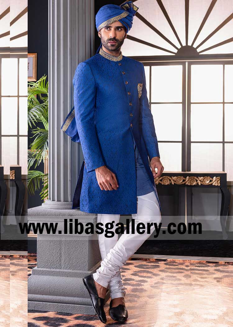 Blue Jamawar Gold hand embellished Collar Men Nikah Sherwani Style