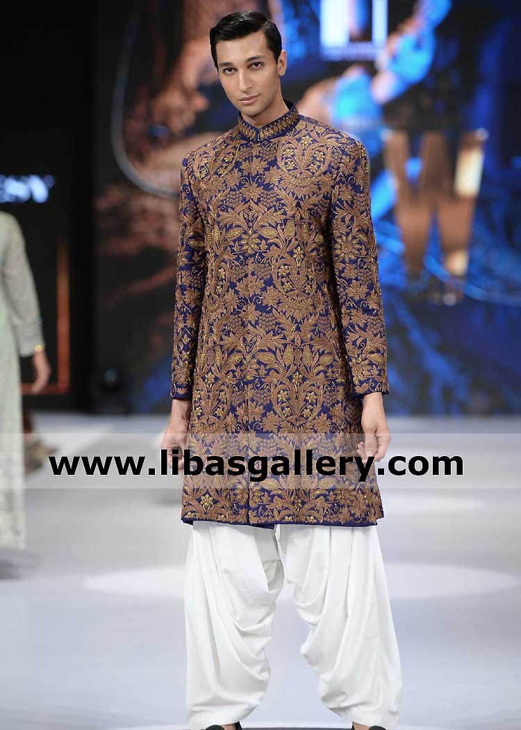 Amazing Dark Blue Heavy Embroidered Men Nikah Barat Sherwani Suit