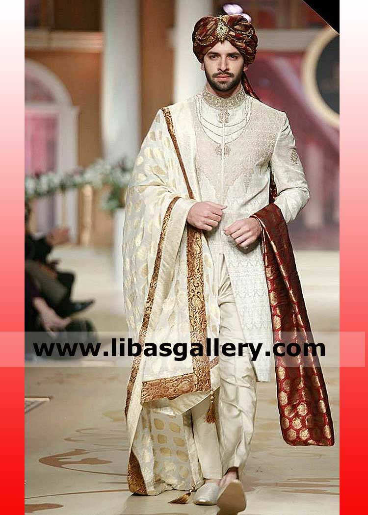 Men off white embroidered sherwani suit with inner dress turban jamawar khussa matching and double shawl for Nikah barat California New york USA Men off white embroidered sherwani suit with inner dress turban jamawar khussa matching and double shawl for Nikah barat California New york USA