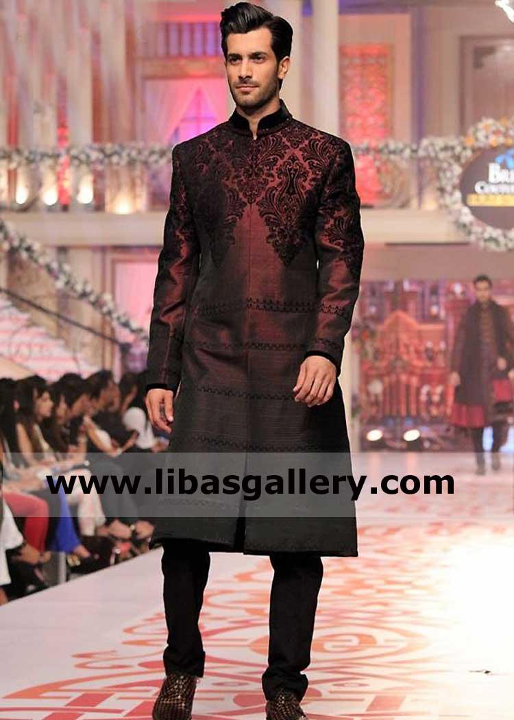 Maroon Men Wedding Sherwani Style with dark maroon Embroidery