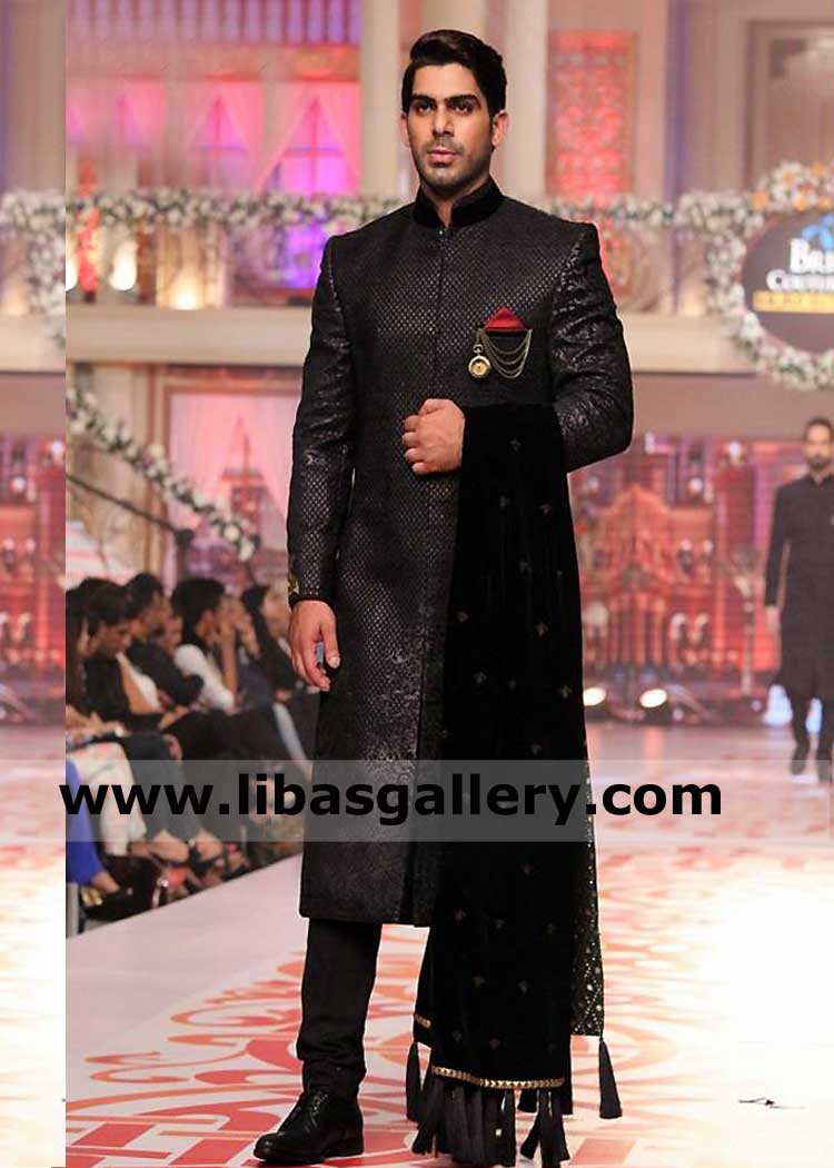 Black embroidered men sherwani design with velvet collar and black Groom Nikah Shawl with lace and Tassels Bristol Cambridge Canterbury UK Black embroidered men sherwani design with velvet collar and black Groom Nikah Shawl with lace and Tassels Bristol Cambridge Canterbury UK