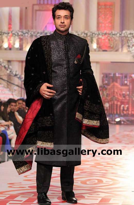 Black Jamawar Men Wedding Jacket Design for Nikah Barat day