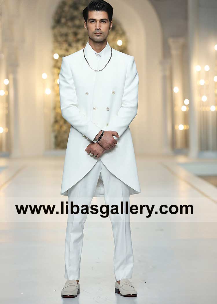 Angrakha A shape open Daman White Men Sherwani Article