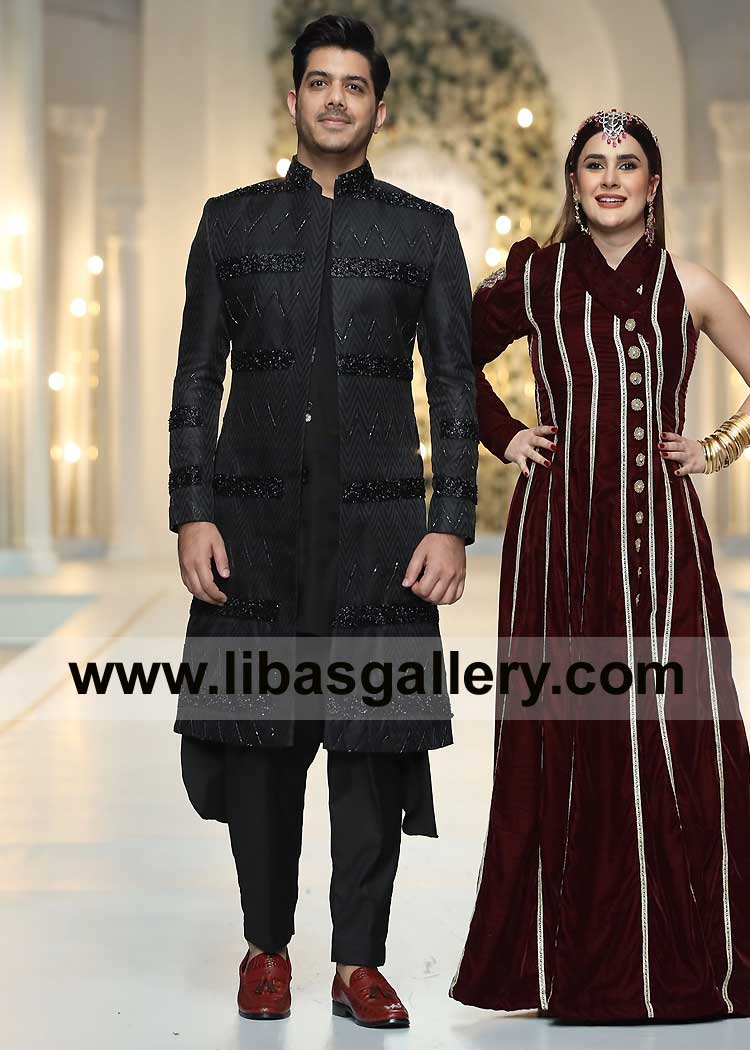 Black Men Sherwani Hand Embellished Fancy type for Nikah Marriage 