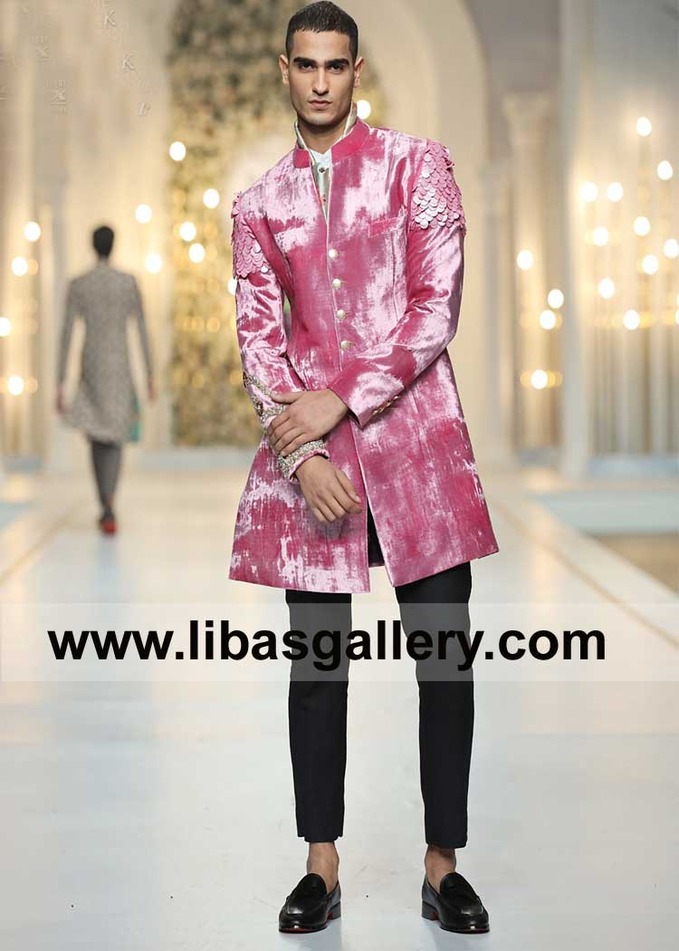 Men Velvet Embroidered Wedding Sherwani in Pink Shade