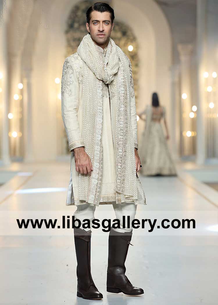 Munsif Ali khan in Off White Men Nikah Barat Sherwani Suit with Embroidery on Arms Chest Collar and Hem paired with matching embroidered Groom shawl and inner France Germany Saudi Arabia Munsif Ali khan in Off White Men Nikah Barat Sherwani Suit with Embroidery on Arms Chest Collar and Hem paired with matching embroidered Groom shawl and inner France Germany Saudi Arabia