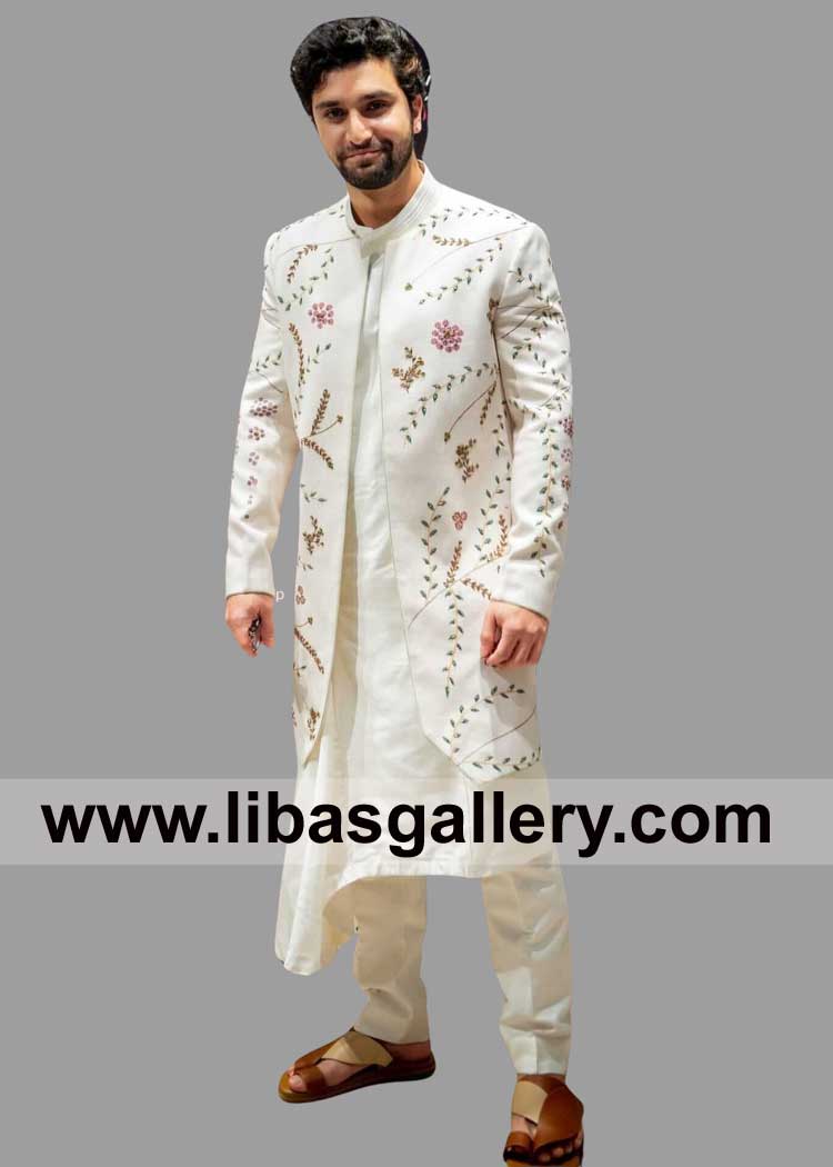 Ahad Raza Mir Spotted in Off White Open Style Men Sherwani with Colorful Leaves Embroidery Pattern on Front and sleeves France UAE Qatar Ahad Raza Mir Spotted in Off White Open Style Men Sherwani with Colorful Leaves Embroidery Pattern on Front and sleeves France UAE Qatar