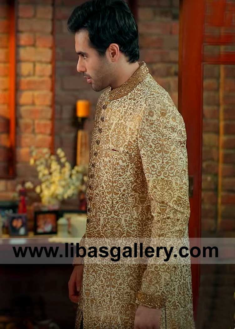 Men Wedding Sherwani Gold Embroidered for Nikah Barat Ceremony