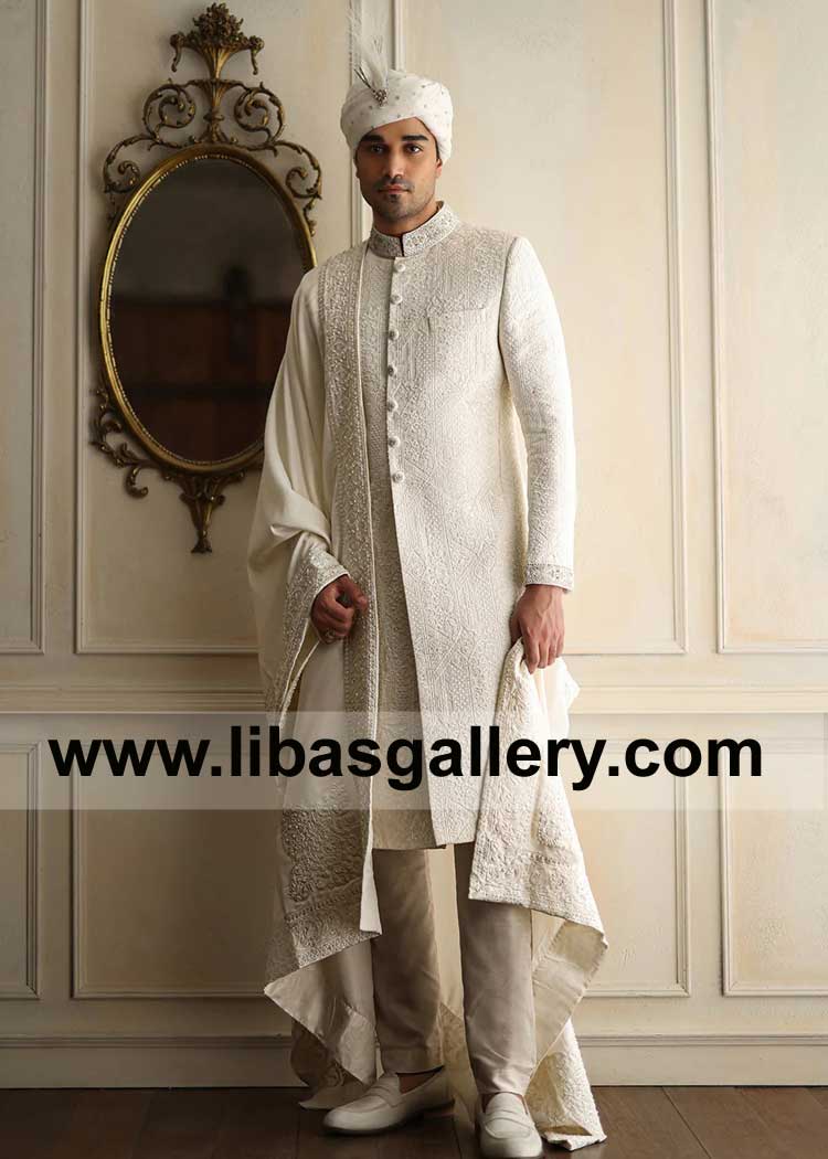 Self Embroidered Raw silk Wedding Sherwani Suit in off white