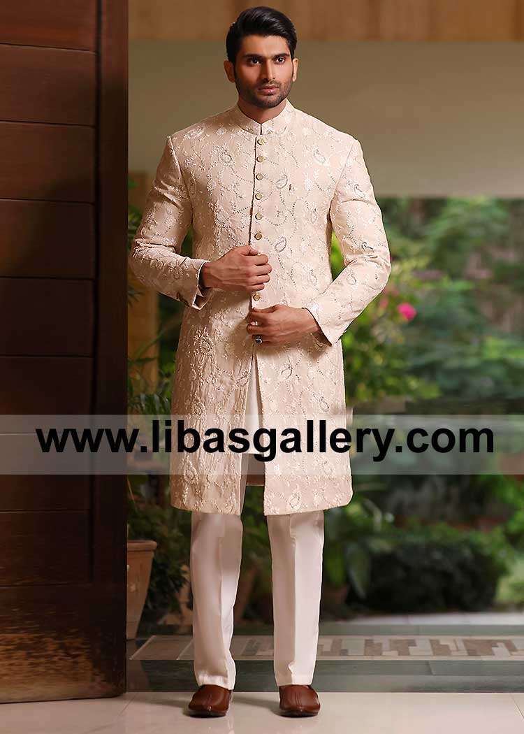 Classic Cream Embroidered Groom Wedding Sherwani Style