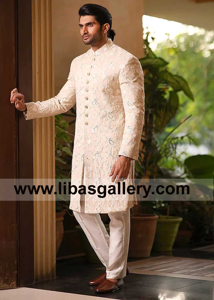 Classic Cream Embroidered Groom Wedding Sherwani Style