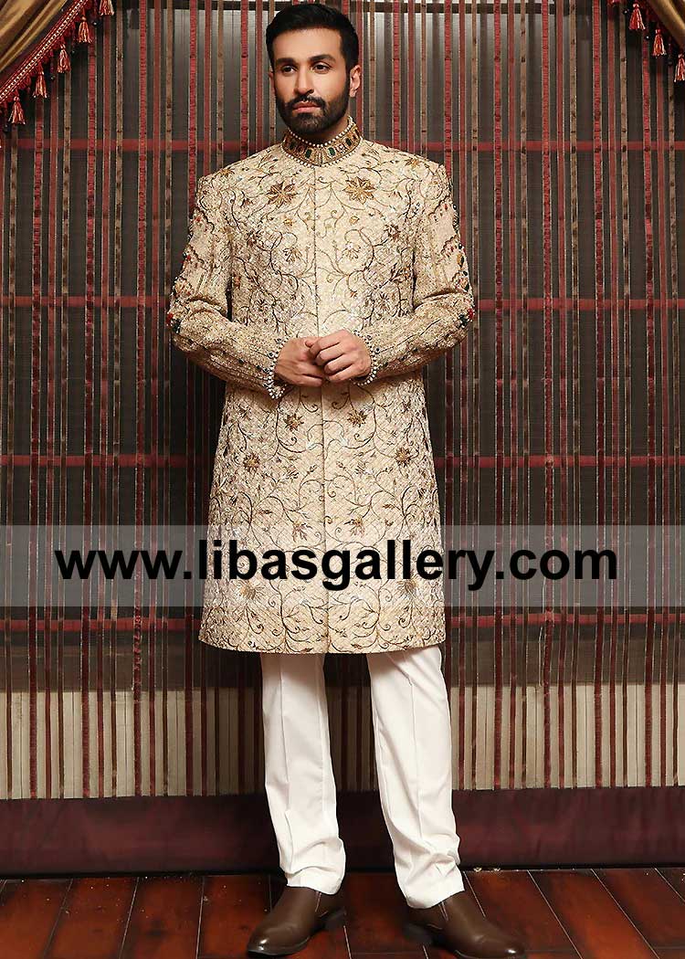 Premium Jamawar Light Gold Groom Sherwani with jewel work