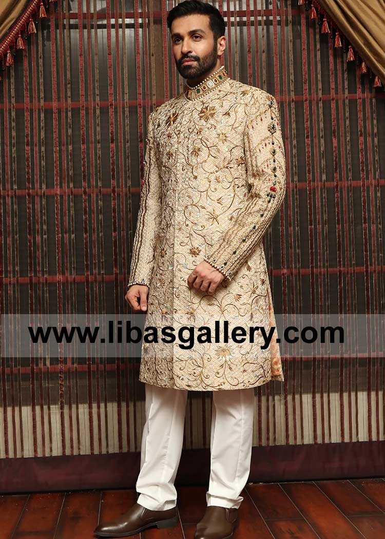 Premium Jamawar Light Gold Groom Sherwani with jewel work