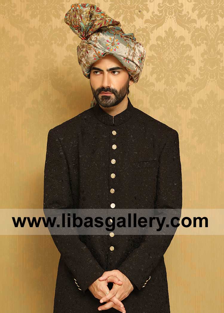 Black Embroidered Men Sherwani Suit for Nikah Wedding