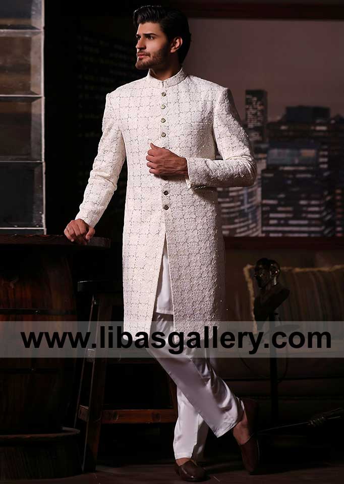Premium Crafted Men Off White Wedding Sherwani Style