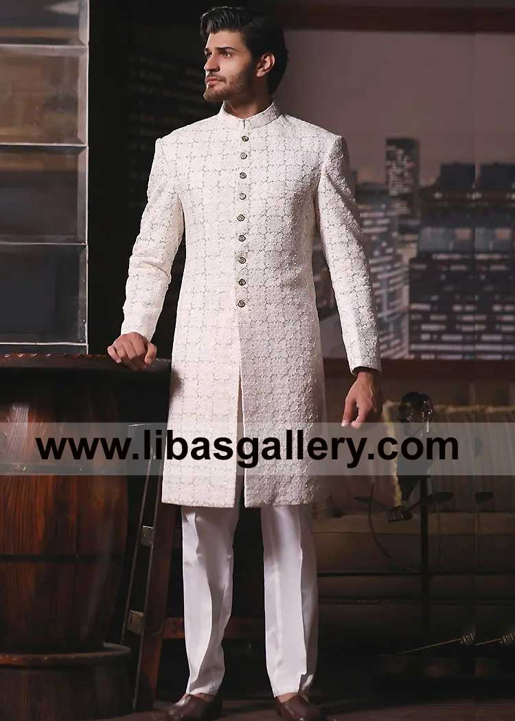Premium Crafted Men Off White Wedding Sherwani Style