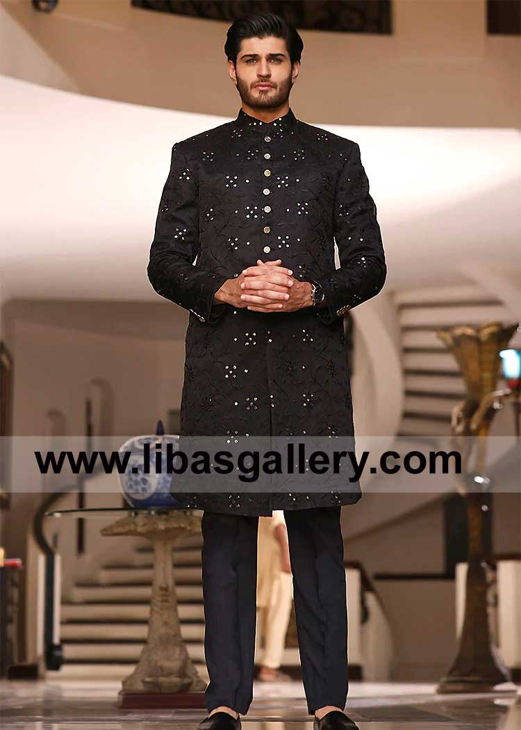 Men Black Traditional Embroidered Occasion Sherwani Suit